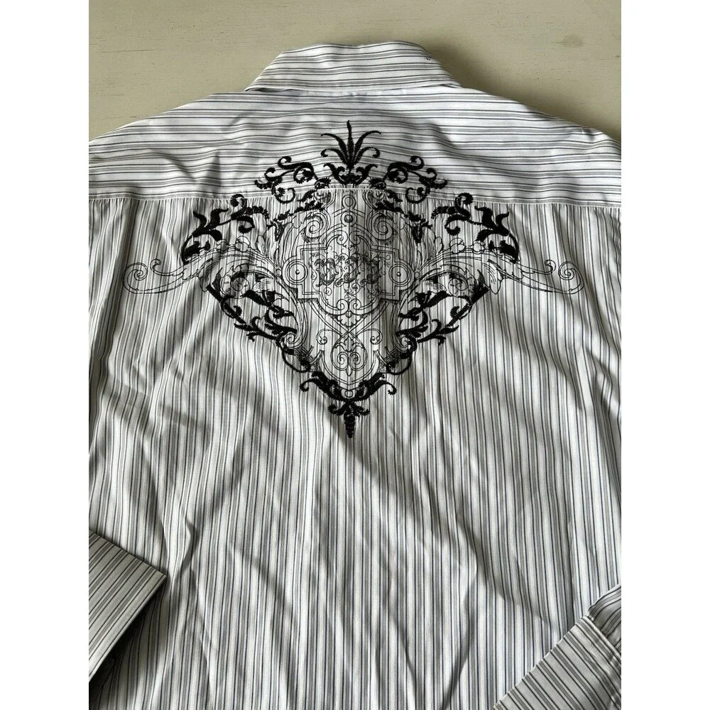 7 Diamonds Mens XXL Long Sleeve Button Down Shirt Striped Embroidered White Blue